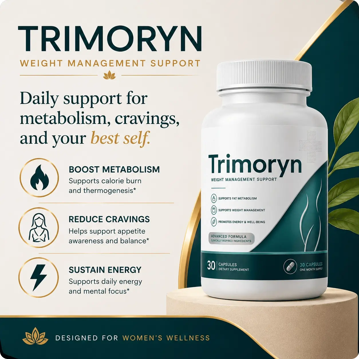 Trimoryn daily metabolism support supplement bottle with premium plant-based formula