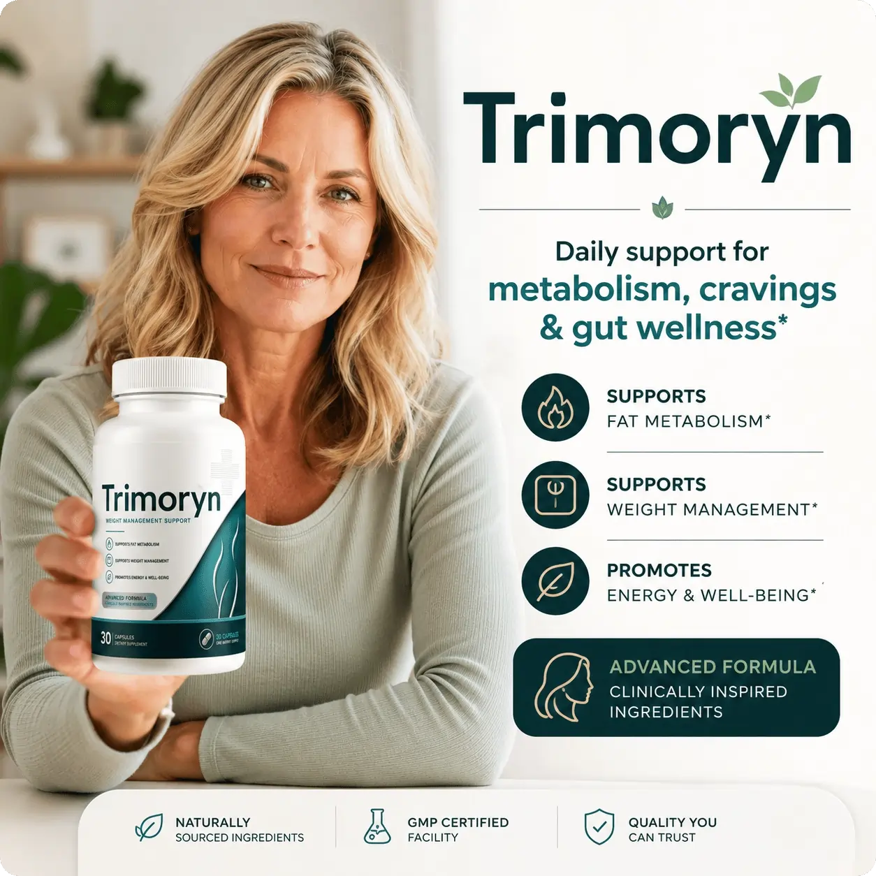 Trimoryn metabolism support supplement bottle with healthy smiling woman